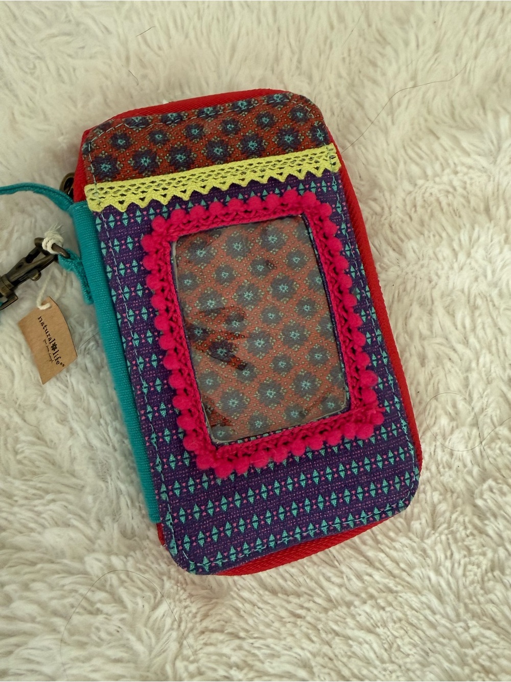 NATURAL LIFE Teal Canvas Wallet with Red Zipper Accent